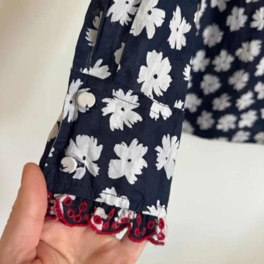 J. Crew Embroidered Ruffle Blouse - Blue/White Daisy Floral Pattern | Size S